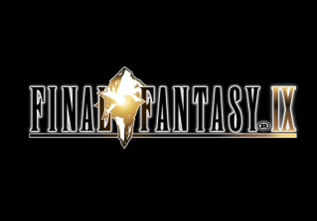 This is a screenshot of the end screen of Final Fantasy IX on the PlayStation. It has a black background and the words Final Fantasy are written in black font with a white outline. The roman numerals IX are coloured in a gold/black gradient. Between the words Final and Fantasy is the game's logo icon, a gold life crystal.